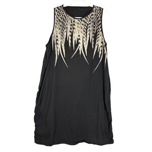 UZI NYC Oxford Feather Graphic Shift Dress Sz OS Black Sleeveless Cotton USA